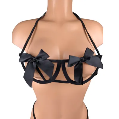 Ensemble 2 pièces noir avec nœuds satin, sensuel & irrésistible / Taille XL 42/44